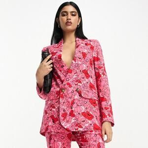 ASOS Design | Pink Poppy Printed Oversized Double-Breasted Linen Suit Blazer